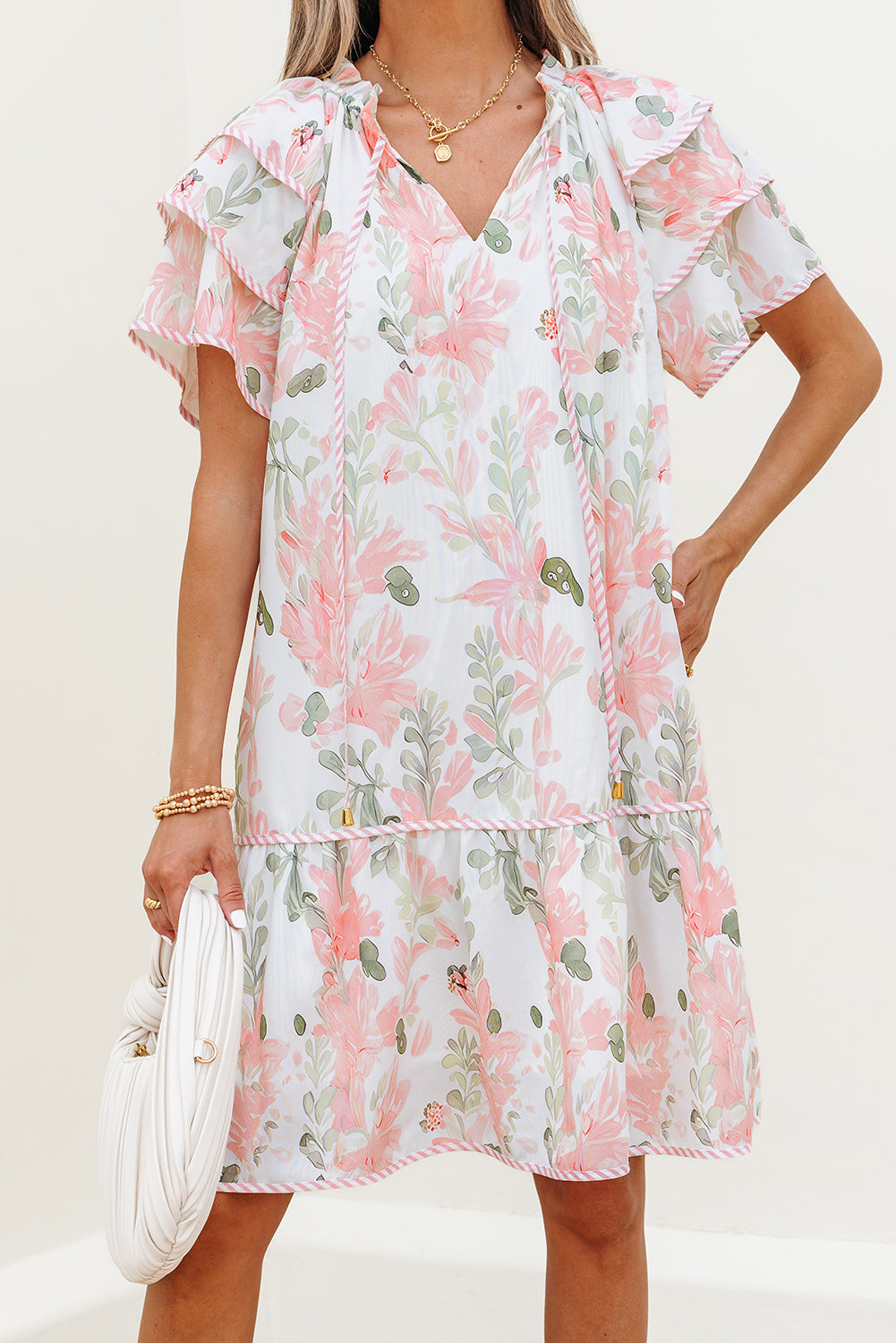 Sky Blue Floral Contrast Edge Layered Short Sleeve Mini Dress