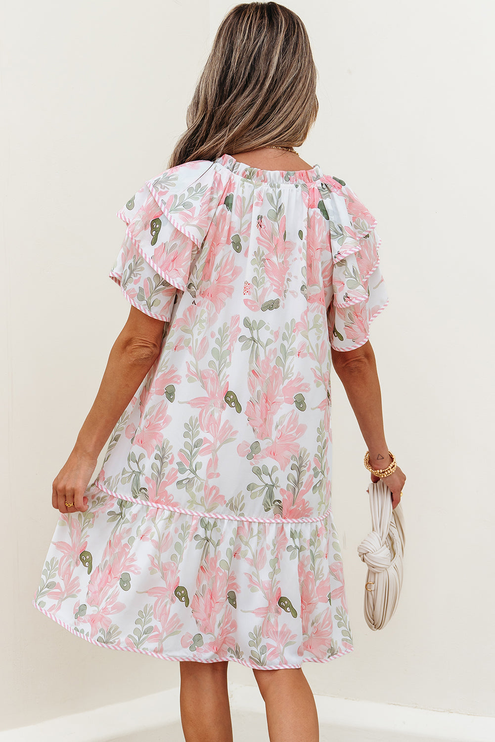 Sky Blue Floral Contrast Edge Layered Short Sleeve Mini Dress