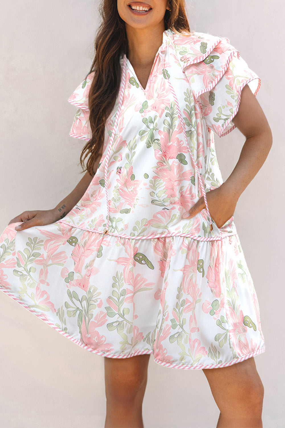 Sky Blue Floral Contrast Edge Layered Short Sleeve Mini Dress